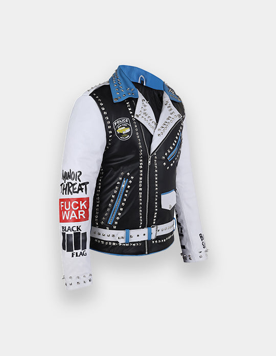 Men's Multi Color Brando Jacket, Genuine Cow Skin Leather Waist Belt Jacket, Punk Studded Jacket, Lapel Collar Shoulder Epaulets Jacket,